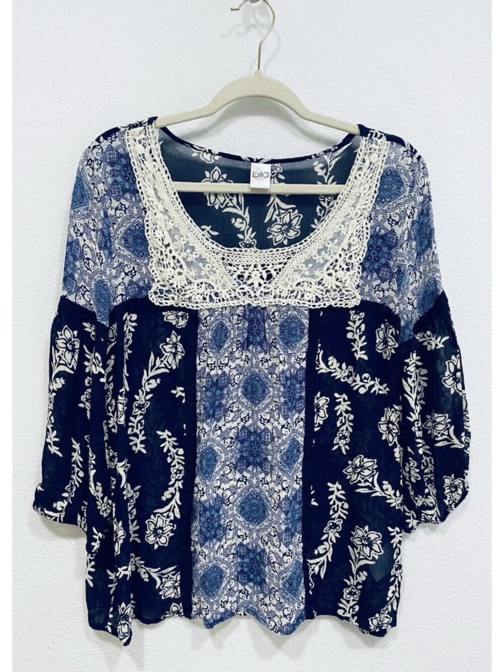 Bila Top Womens Large Navy Blue Floral Crochet Lace Sheer Peasant Boho Festival